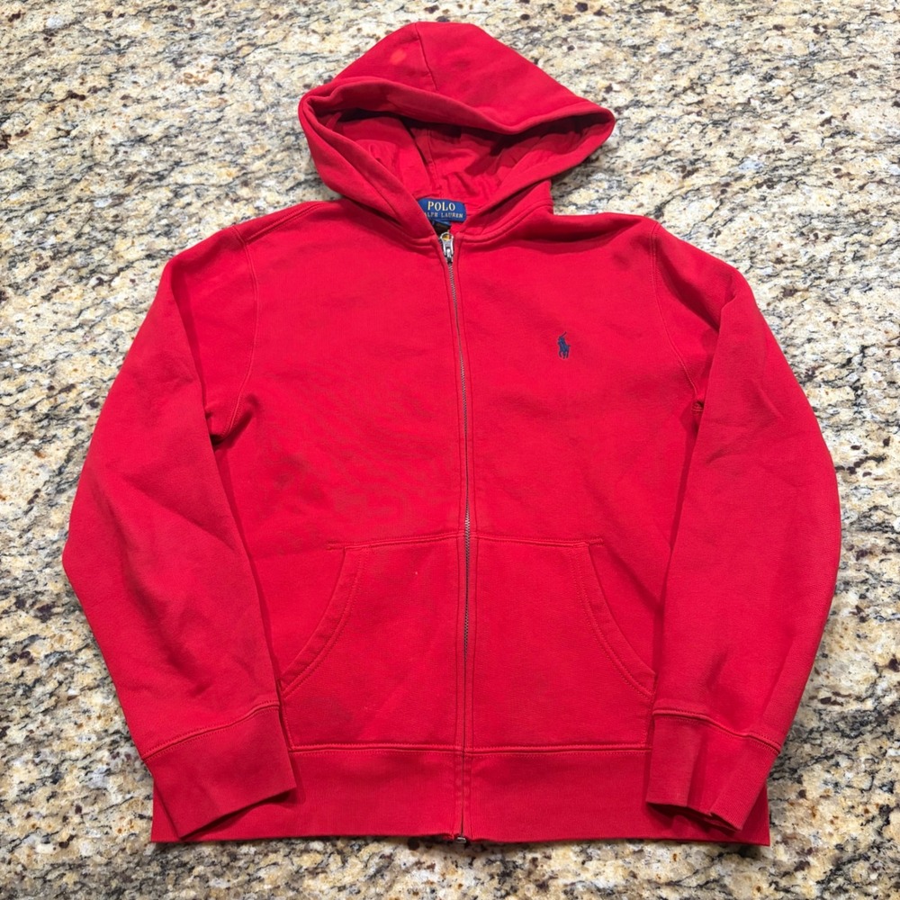Polo Ralph Lauren Boy Red Full Zip Hoodie Sweatshirt Size L 14-16 Pony Logo ws